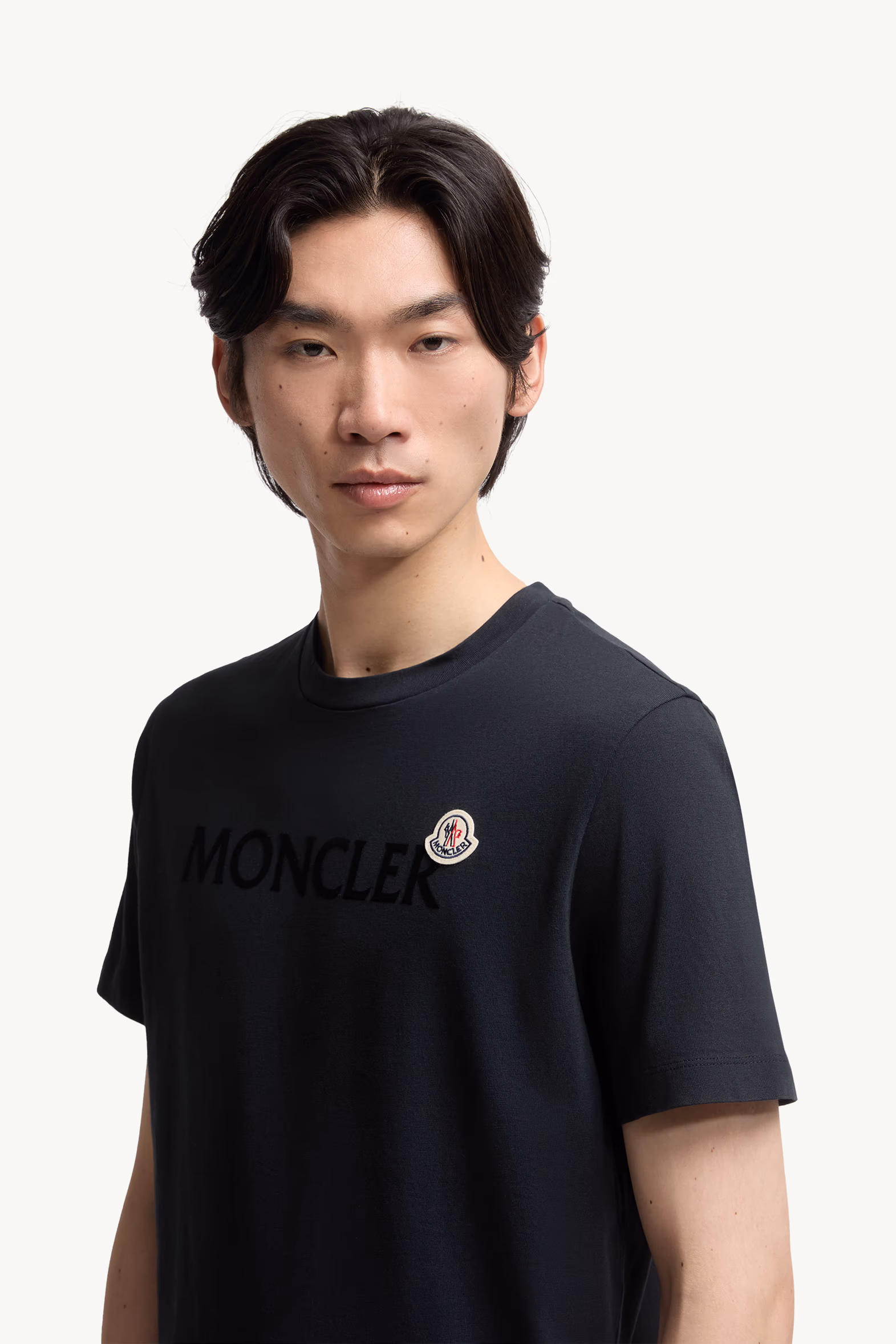 Flocked Logo Cotton T-Shirt Men Night Blue Moncler 4